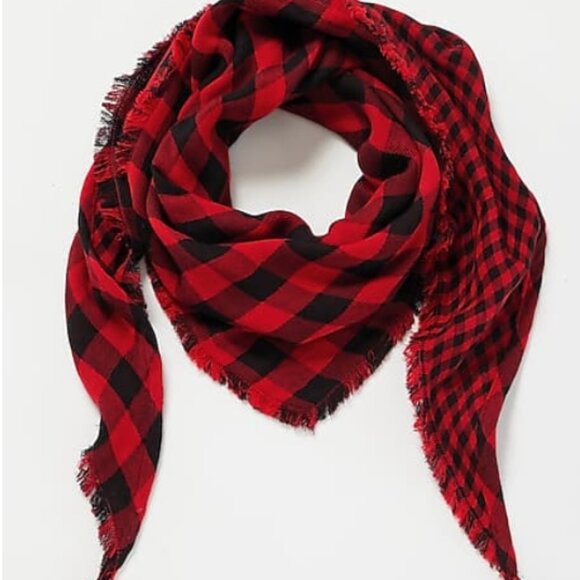 J. Jill 100 % Cotton NWT $39 Red/Black Double-Faced Buffalo Print Plaid Scarf - Picture 1 of 4